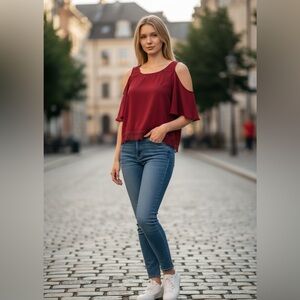 Lace Red Cold Shoulder Women's Top